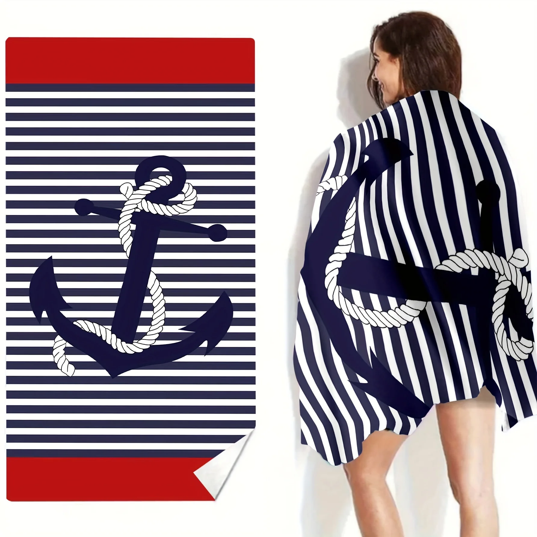 1pc Sardines Anchor Stripes Design Beach Towel, Coastal Maximalist Print with Pink Stripes, for Pool,  Women Men Towel for Beach
