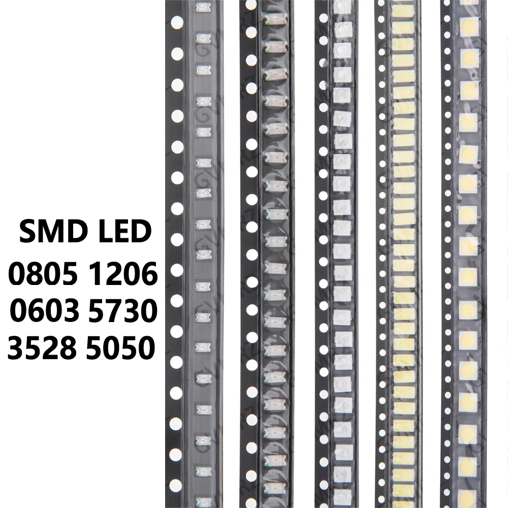 100PCS SMD LED Diode Chip Assorted Sizes 0402 0603 0805 1206 3528 5050 Multiple Colors for PCB DIY Electronics White/Red/Yellow