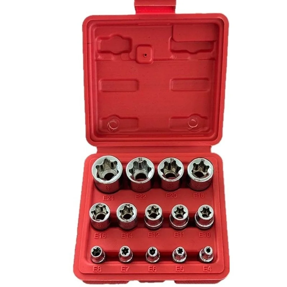 Portable 14 PCS Female Torx Socket Set Star-Shaped With Case Star Socket Set E4-E24 External Torx Socket Set for Garage