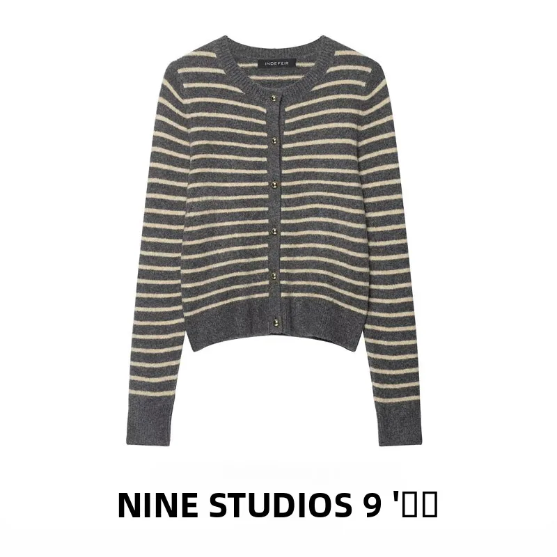 

Ele Casual Striped Knitted Open Cardigan Long Sve Top European Sle Women's Faion Autumn Season ort Length Buttoned