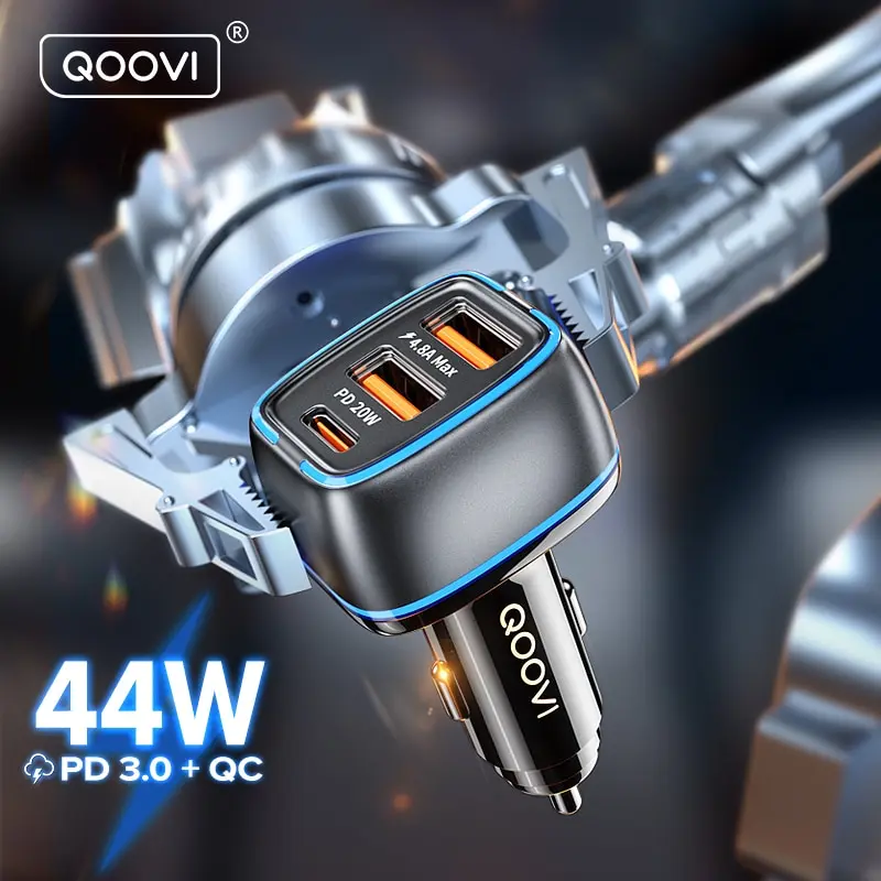 QOOVI 44W Car Charger PD USB Type C 3 Ports Fast Charging USB Quick Charge Phone Charger For iPhone 14 Pro Xiaomi Samsung Huawei