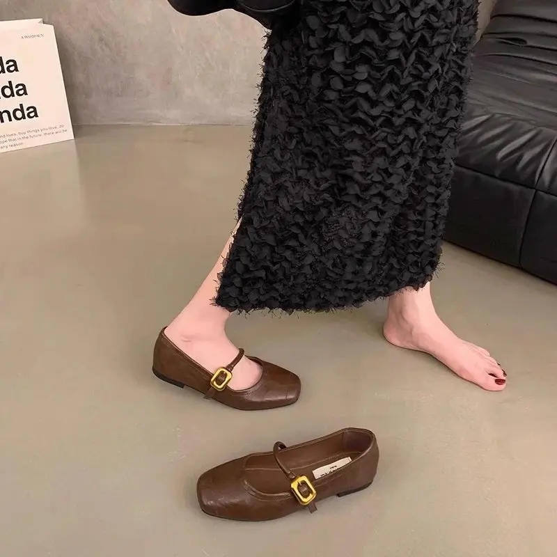 Women's Mary Jane Flat Shoes Spring 2026 Vintage Gentle Square Head Slip-On Padded Footbed Rubber Outsole Comfortable Flats