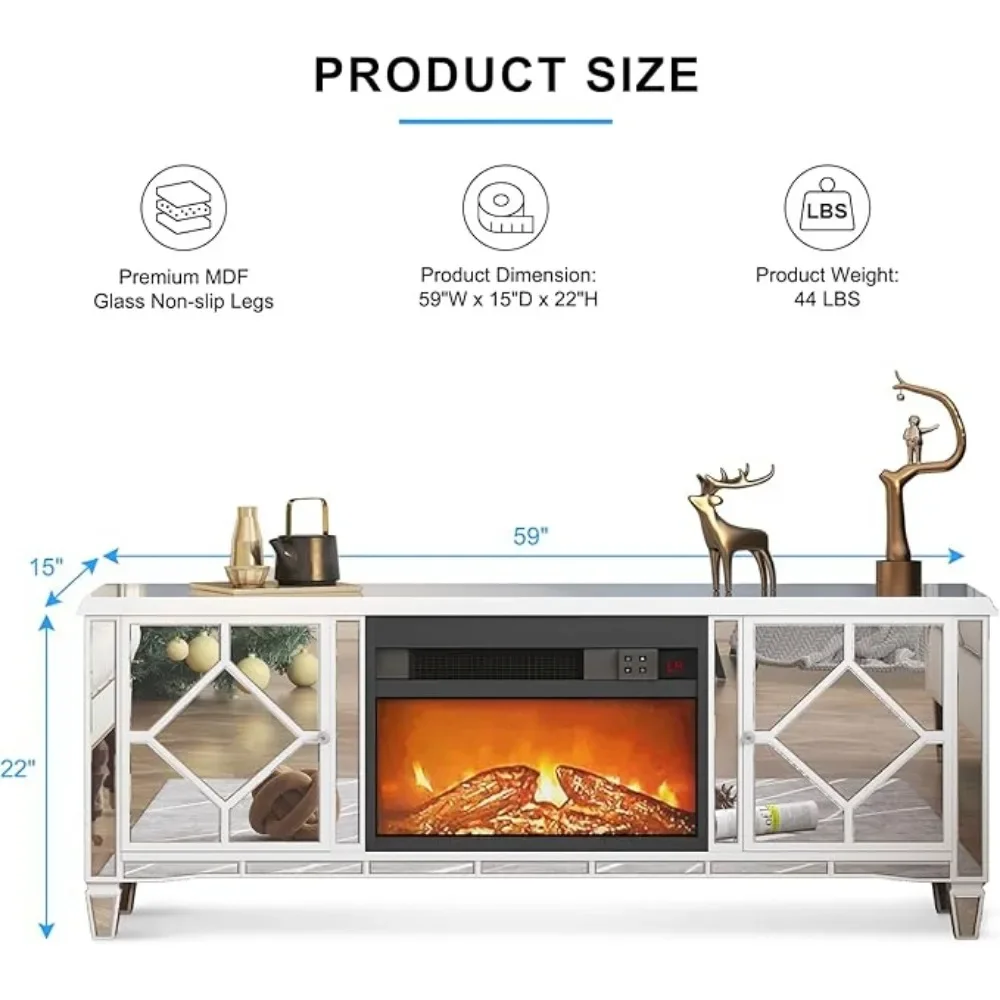 Mirrored TV Stand with Fireplace for 75+ inch TV, Silver Electric Fireplace Entertainment Center w/7 Colors Changing