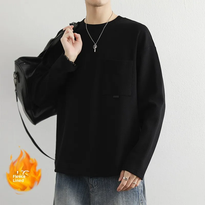 

Мужская термофутболка с длинным рукавом на флисовой подкладке, повседневная базовая модель для осени, свободный крой, премиум-качество, новинка осенней коллекции