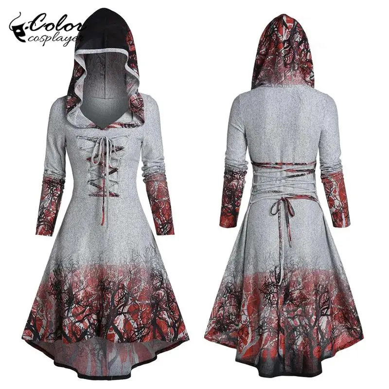 

Color Cosplayer Gothic Dresses Long Sleeved Hooded Medieval Dress Up Adult Carnival Witch Clothing Halloween Cosplay Costume