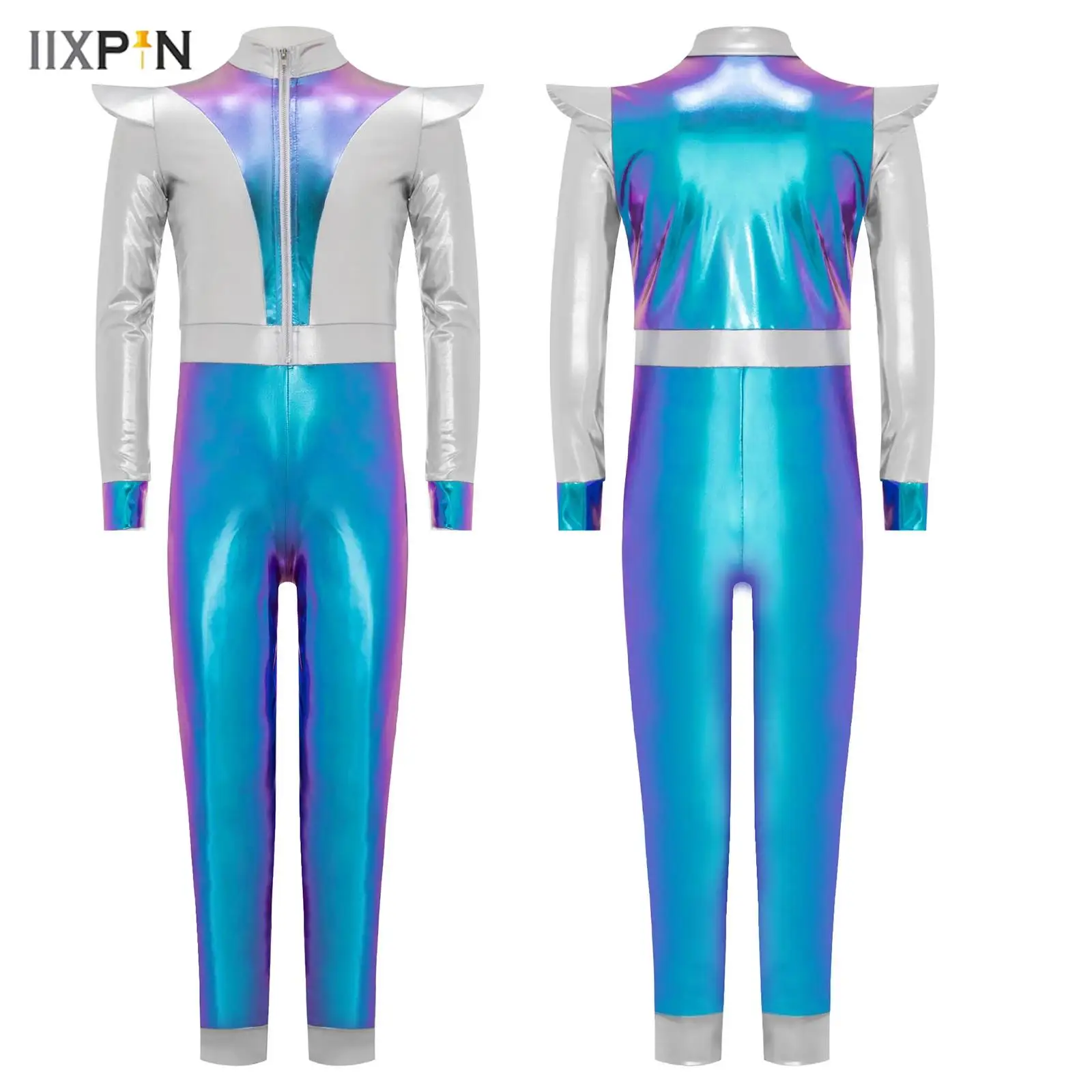 

Girls Halloween Cosplay Alien Costume Shiny Metallic Long Sleeves Zip Jumpsuit Rompers Outer Space Cutie Costume Robot Costume