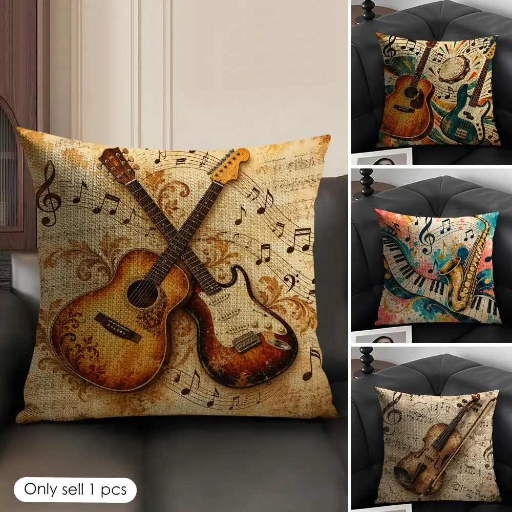 Guitar Musical Notes Cushion Cover Skin-Friendly Organic Linen Pillow Cover Durable Hypoallergenic Washable Soft