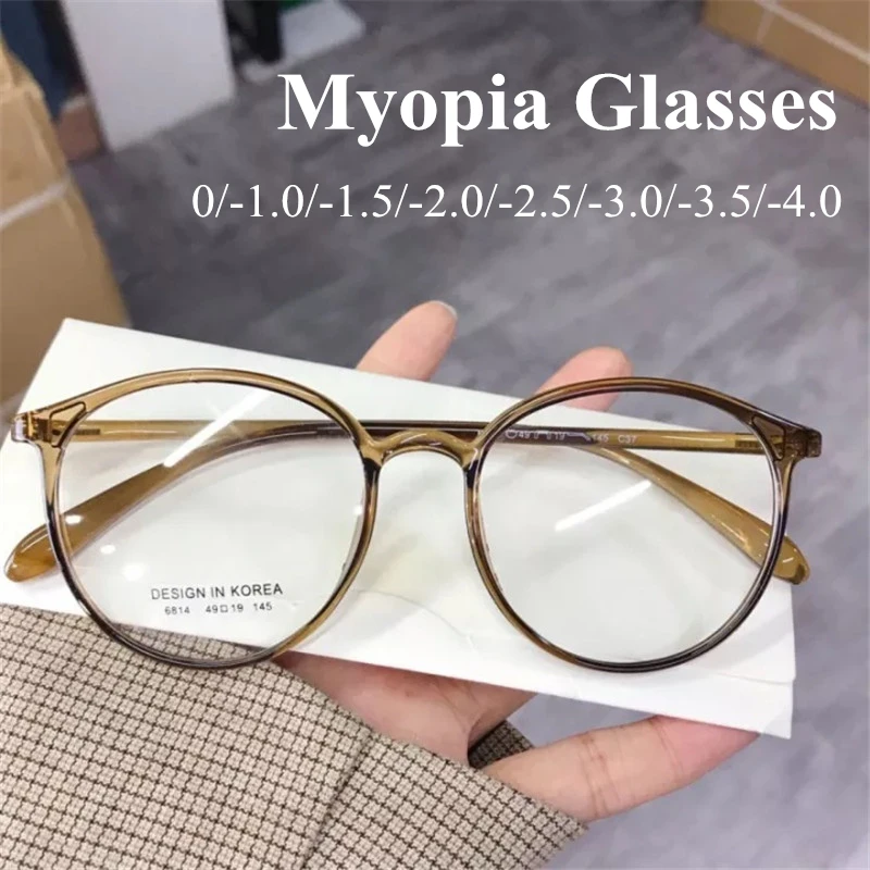 Fashion Myopia Glasses Women Round Frame Glasses Girls Glasses Degrees 0 To -4.0 Blue Light Eyeglasses Clear Glasses Gafas