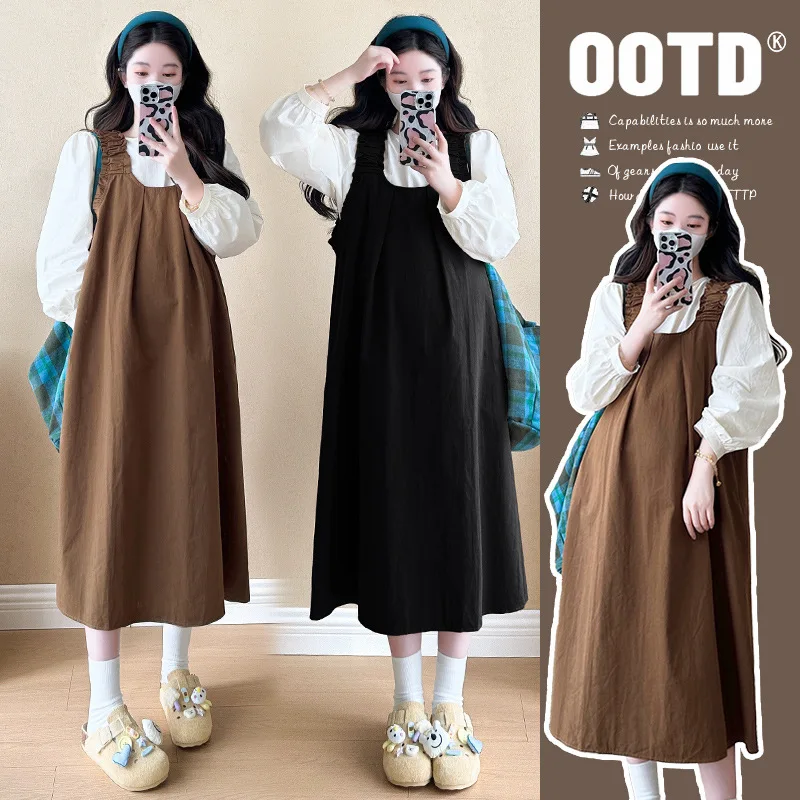 Maternity Suit Spring Autumn Preppy Style Sweet Cute Loose Strap Dress Long Sleeve Shirt Two Piece Set For Pregnant Women