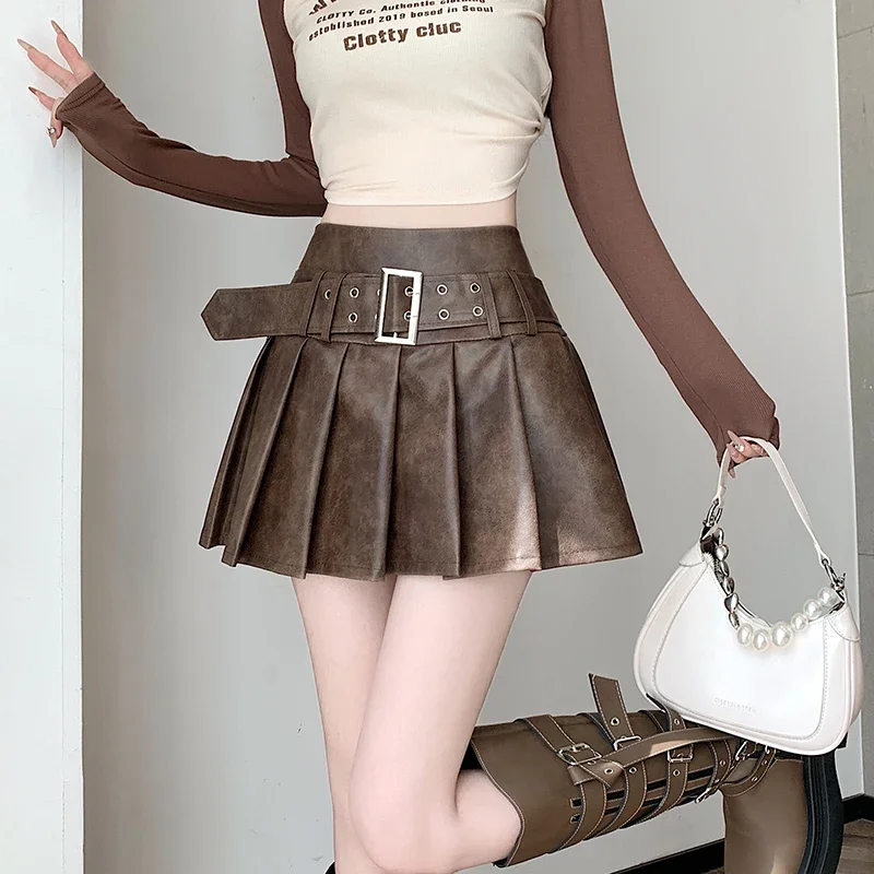 Pleated PU Leather Mini Skirts Women Fried Street Hot Girl with Belt Short Skirts Fall Winter High Waist A-Line Skirt Streetwear