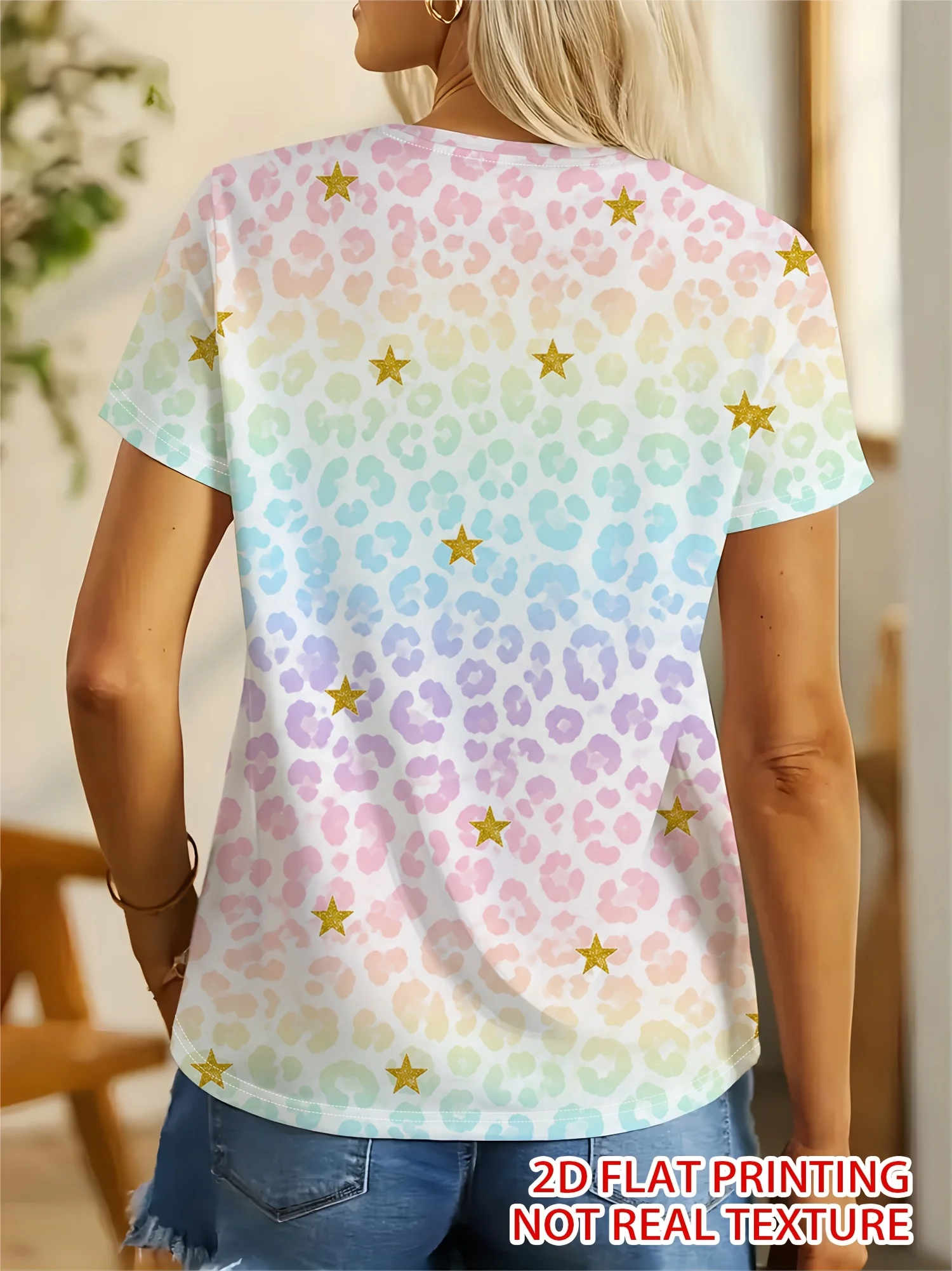 Women Crew Neck Short Sleeve T-shirt Pastel Rainbow Leopard Print Golden Star Pattern Soft Casual Sweet Summer  Breathable Tee