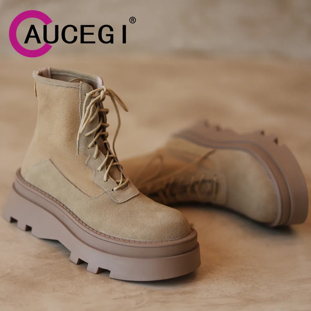 

Aucegi Women Cow Suede Splicing Canvas Ankle Boots Platform Thick Heels Lace Up Retro Round Toe Zipper Casual Street Shoes