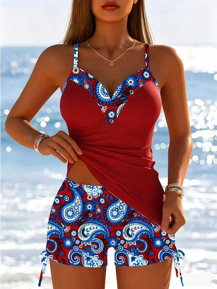 Women 2 Piece Tankini Swimsuit Paisley Print Patchwork Tank Top + Drawstring Boyshort Bathing Suit Tummy Control Modest Swimwear view 5
