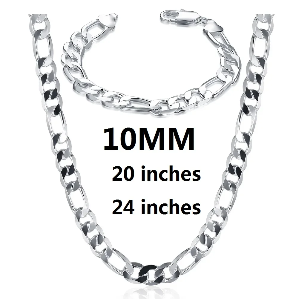 

925 Sterling silver 10MM Figaro Chain bracelets neckalces for man women fashion designer party wedding Accessories jewelry sets