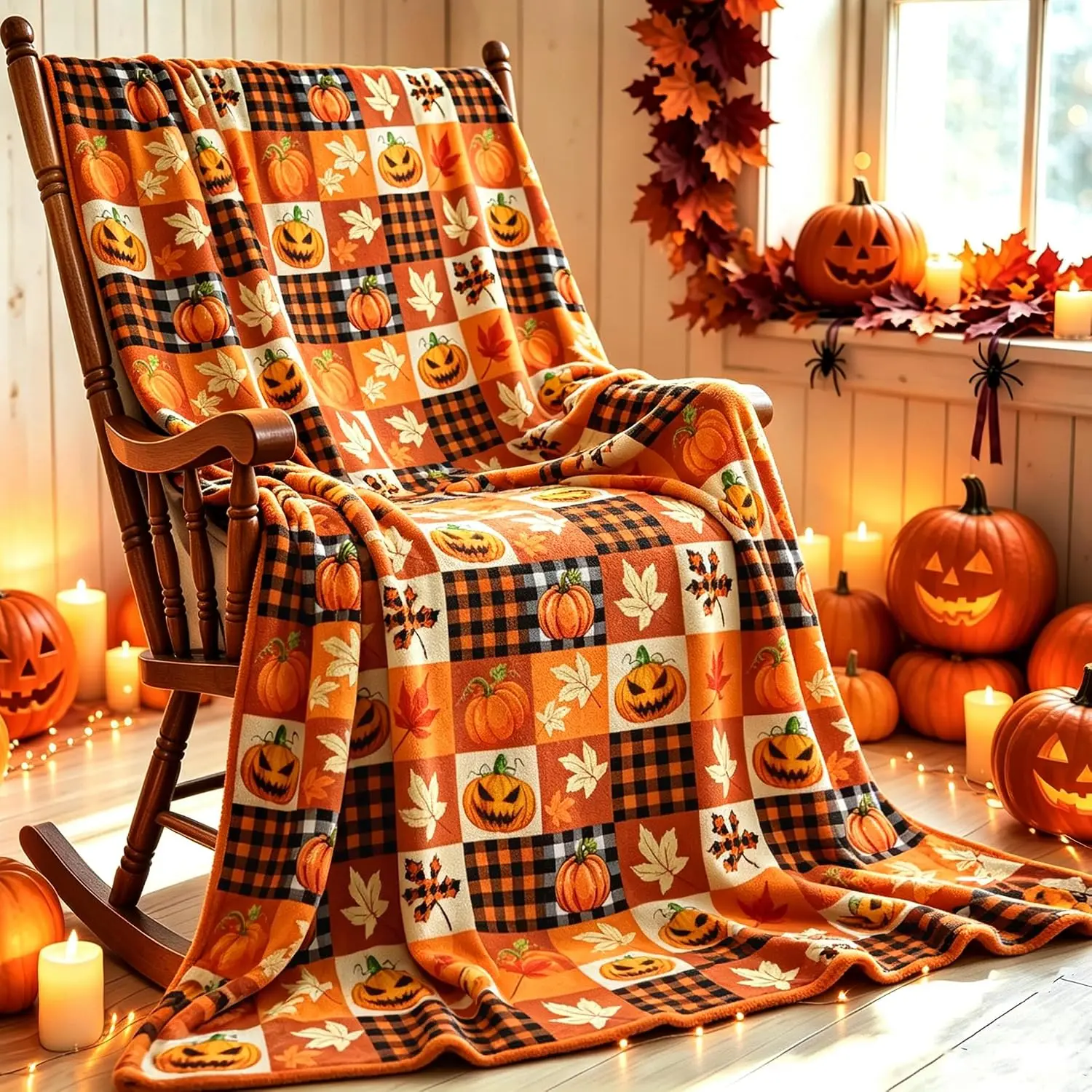 Fall Pumpkin Throw Blanket Leaves Fall Plaid Flannel Blanket 50 x 60 inch Soft Fuzzy Plush for Couch, Bed, and Living Home Decoration Fall