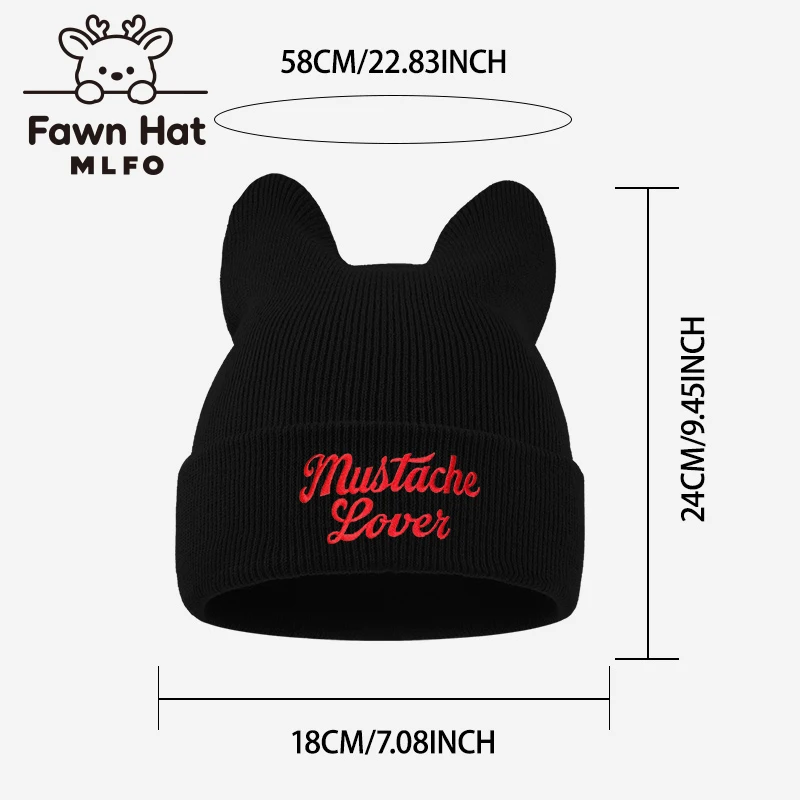 Playful Adult Cat Ear Knit Beanie, Mustache Lover Slogan Embroidery, Casual Streetwear Fun Party Weekend Friend Hangout