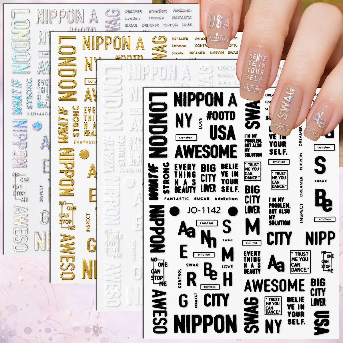 2/4/8/12 Sheets 3D English Word Letter Nail Decals Black White Gold Holographic Self Adhesive Slogan Nail Art Stickers