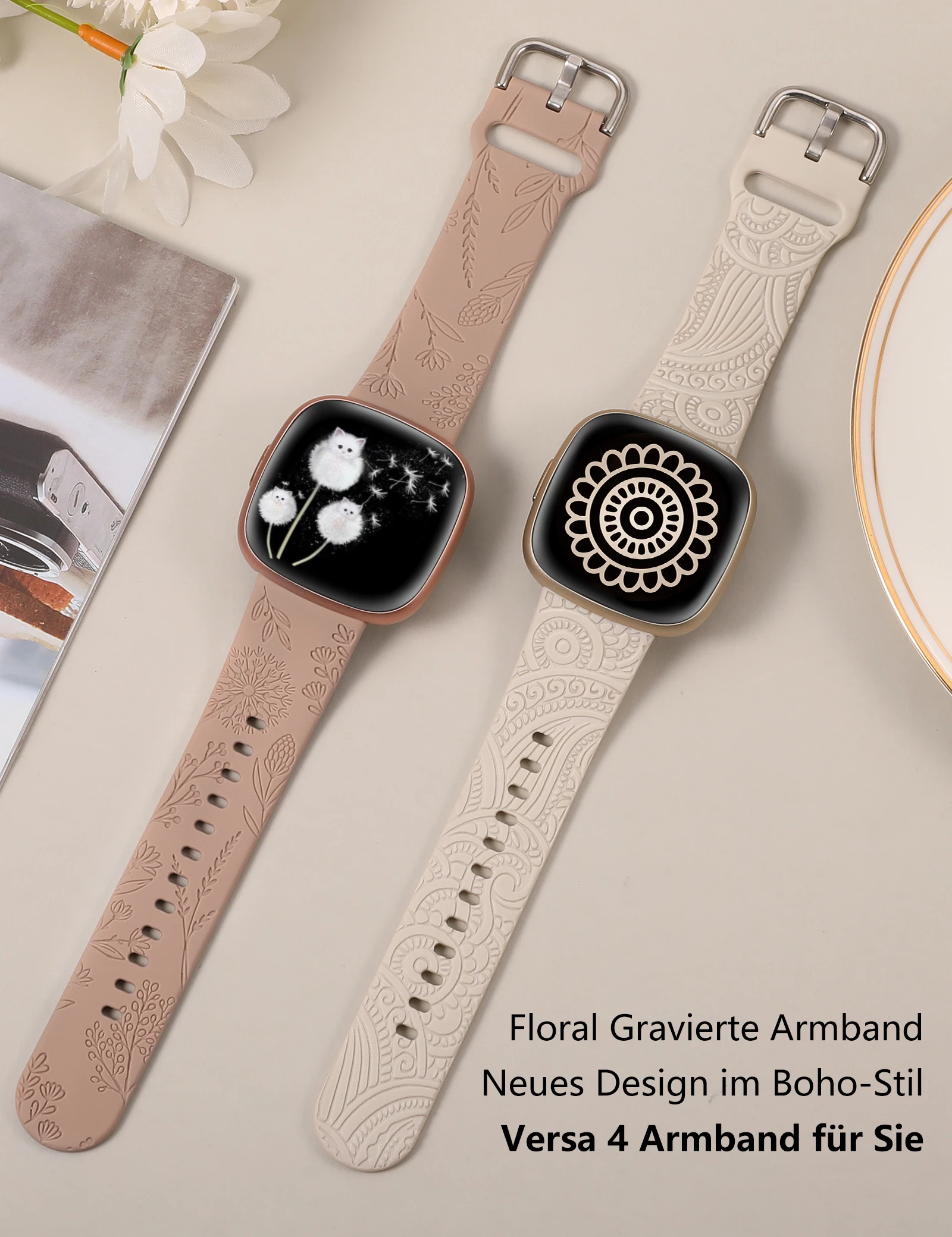 Wearlizer 2 Packs Floral Engraved Band for Fitbit Versa 4 3/Sense 2/Sense Wristband Women Soft Silicone Watchband for Versa 3 image 2