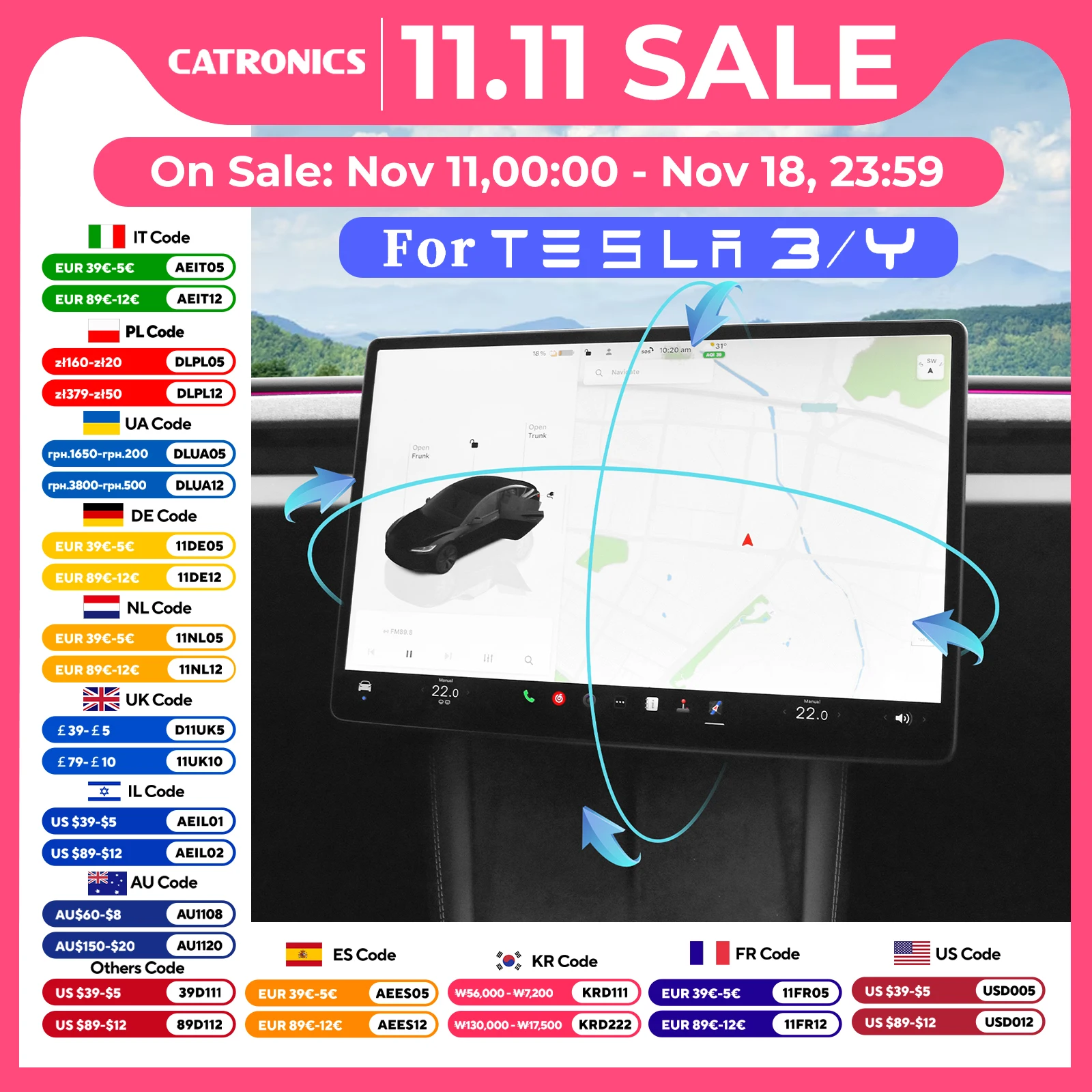 CATRONICS Screen Swivel Tilt Mount for Tesla Model 3 Highland Model Y 2017-2024 Four Direction Screen Rotating Holder Bracket 