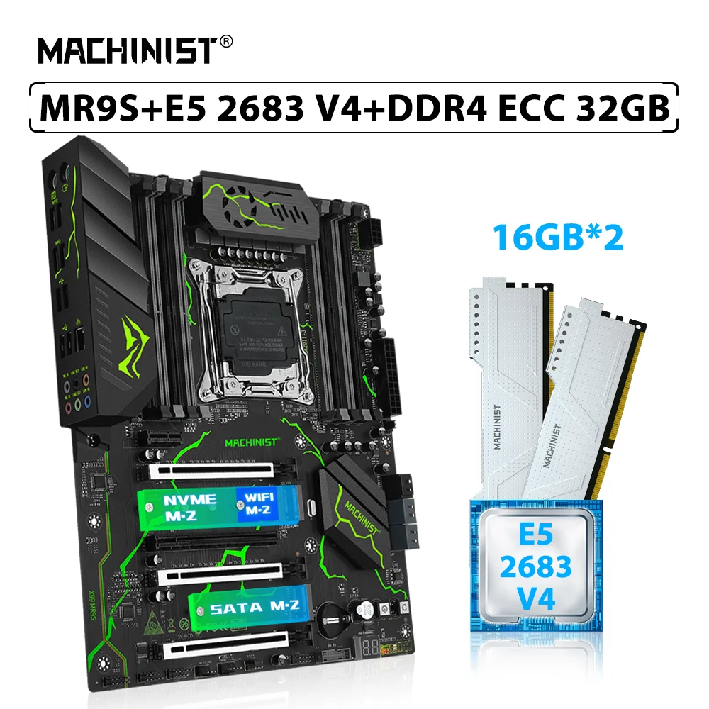 MACHINIST X99 MR9S Motherboard Set LGA 2011-3 Kit Xeon E5 2683 V4 Processor CPU 32GB=2pcs*16GB ECC DDR4 RAM Memory NVME M.2 WIFI