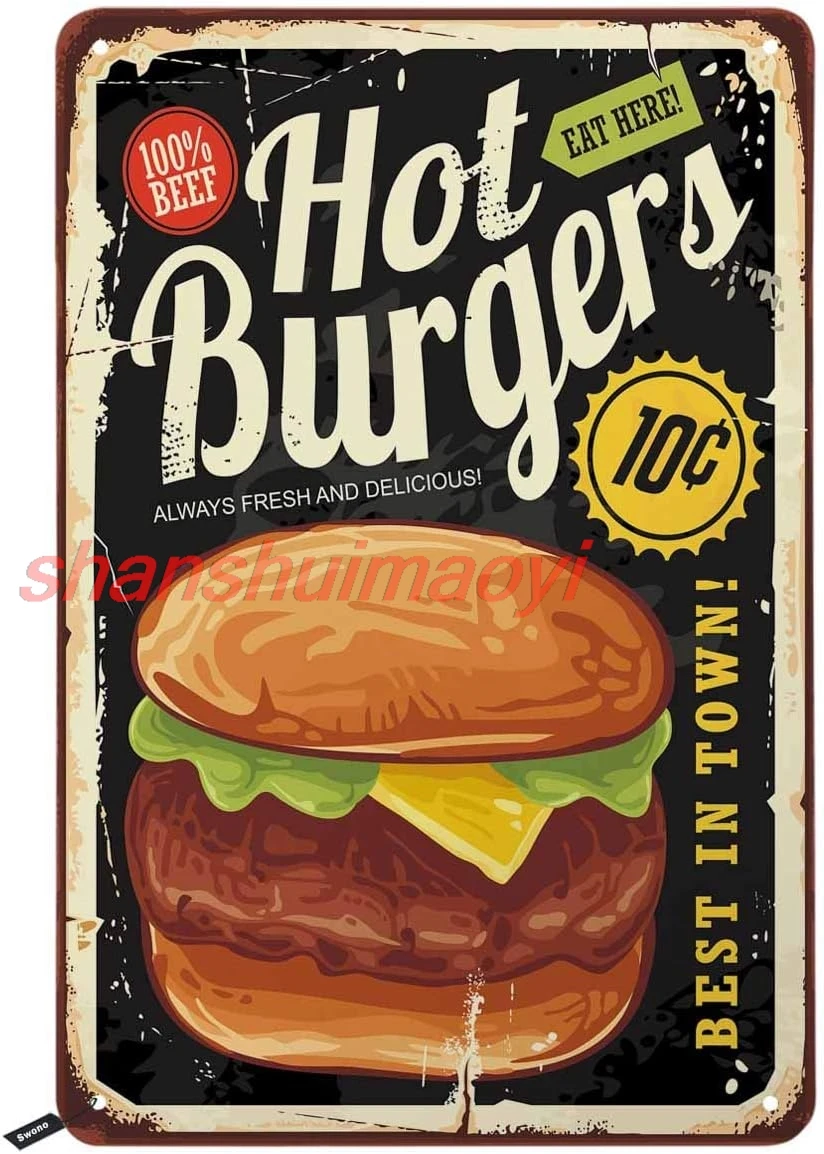 Swono Hot Burgers Tin Signs,Retro Poster Design with Big Hamburger on Old Metal Background Vintage Metal Tin Sign For Men W sign