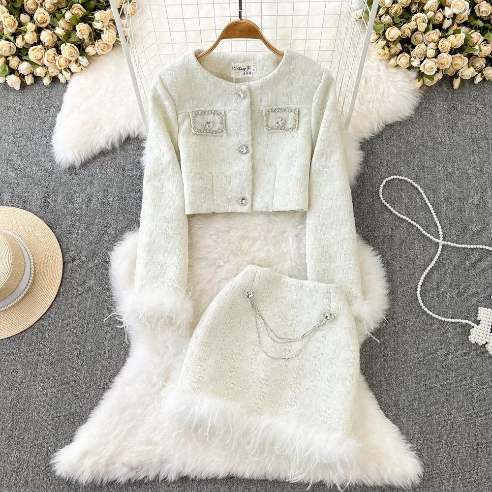 Women Tweed Fragrant White Y2k Suit Jacket Coat and Skirt Two Piece Set Female Prom Party Jacquard Cloth Vintage 2024 Outfits