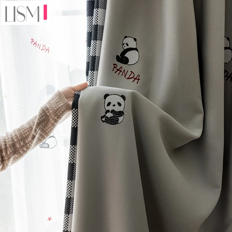 

Custom Cartoon Panda Blackout Curtain for Children's Bedroom Cotton Splicing Linen Texture Window Decor Embroidery White Tulle