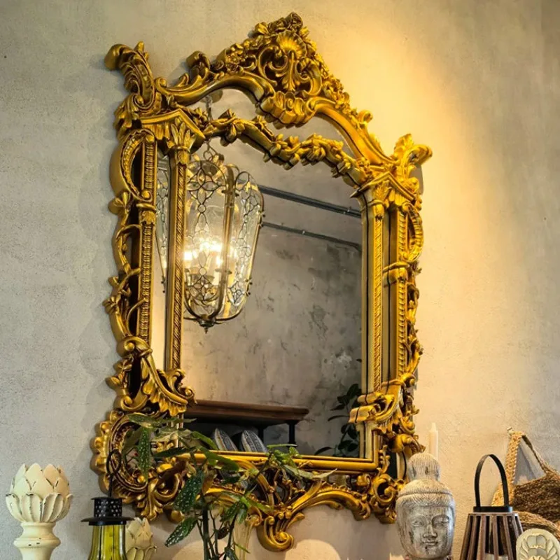 Vintage Carved Bathroom Makeup Mirror Bedroom Wall Dressing Mirror High Definition Porch Fireplace Decorative Mirror