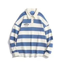 Oversize 150kg vintage stripes contrast polo shirts super Loose style Streetwear Long Sleeve polo male Tops Embroidered letter