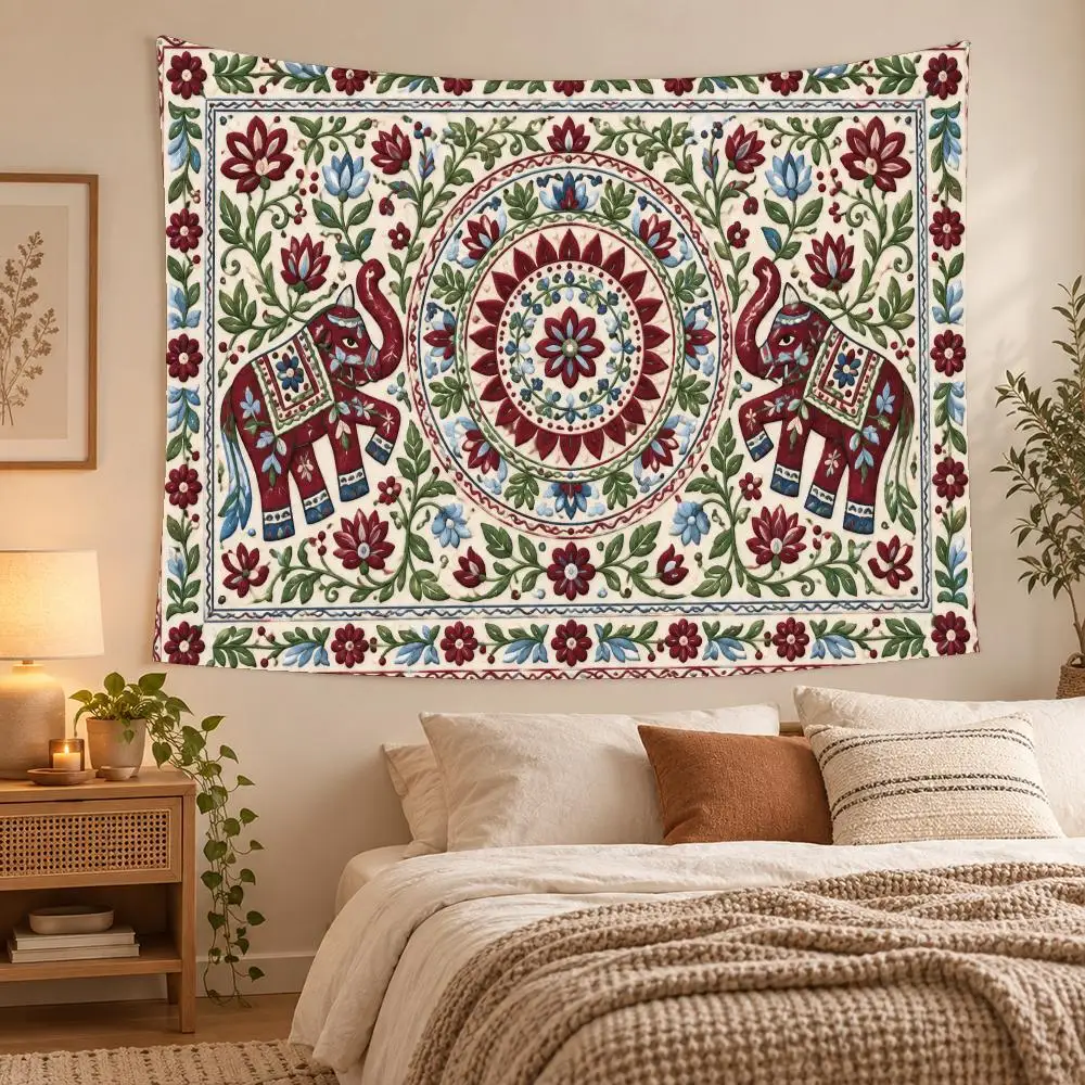 Indian Pattern Multicolour Art Tapestry Durable Soft Microfiber Horizontal Wall Hanging Decor For Bedroom Patio Garden Parties