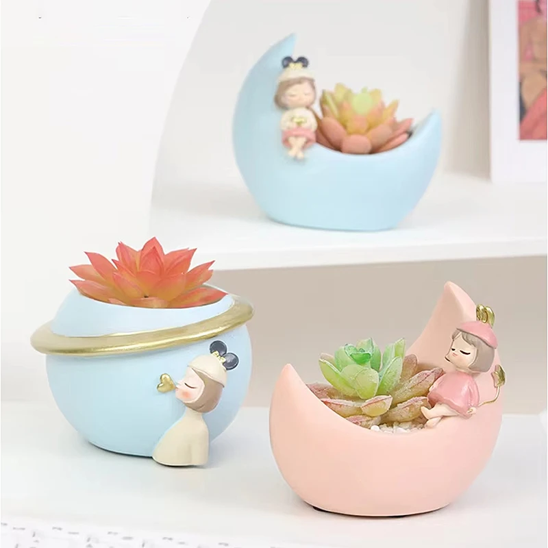 Adorable Moon & Girl Theme Resin Planter, Mini Flower Pots for Succulents Cactus, Idea Gift for Home or Office Desk Decoration