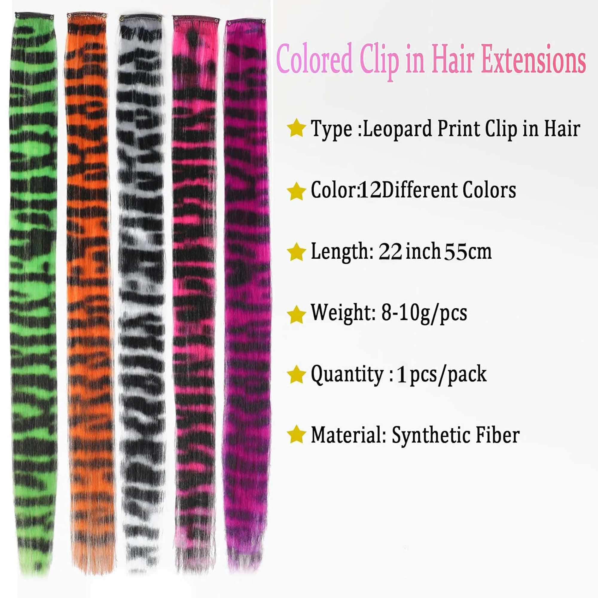 Hair Extensions Synthetic Clip in Leopard Print Hair Piece 22in Long Straight Colorful Striped Hairpieces Halloween Party Cos