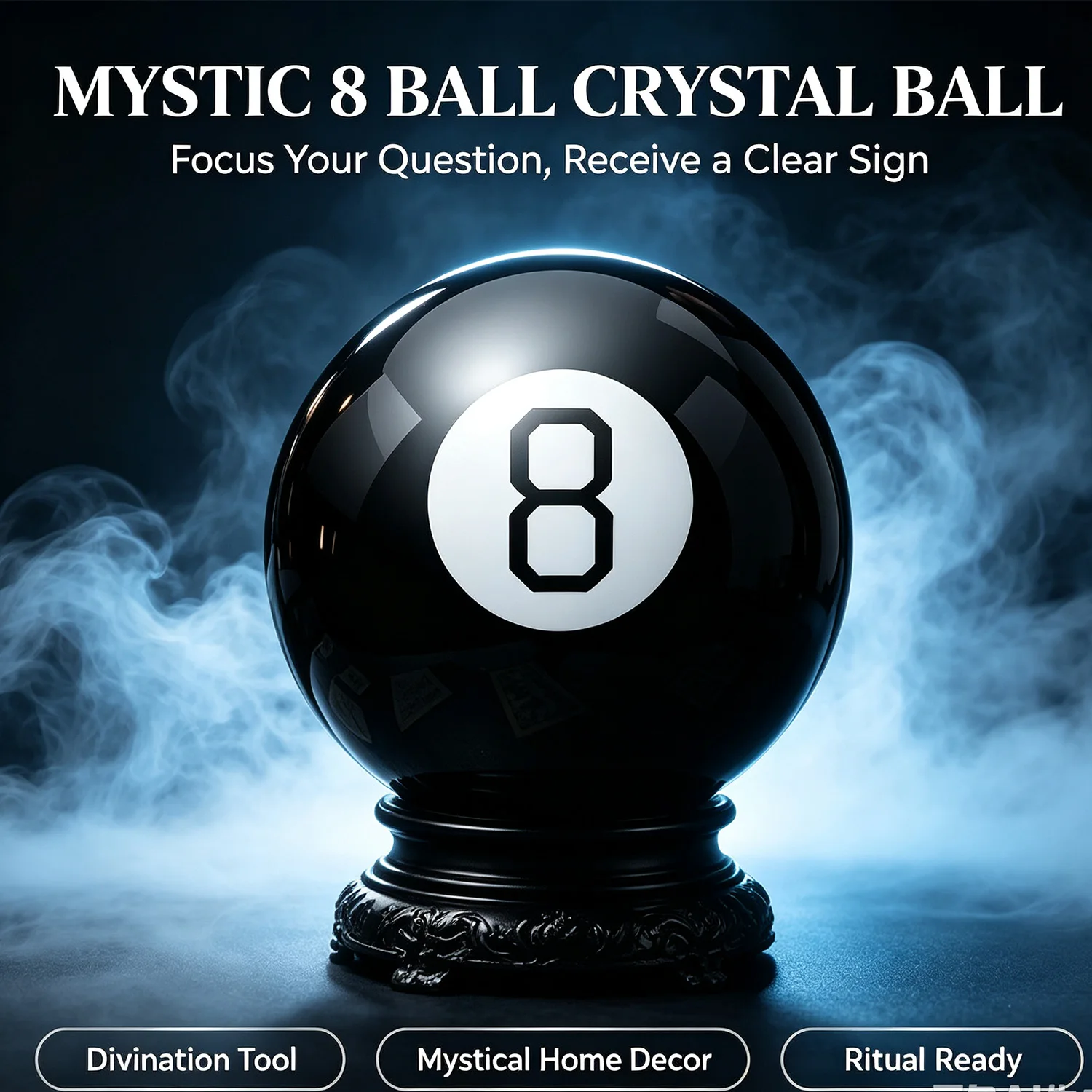 Mystic 8 Ball Divination Tool, Glossy Black Crystal Sphere for Tarot Reading, Meditation Space & Occult Altar Display