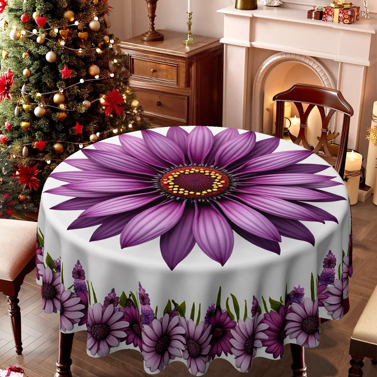 A round tablecloth with an elegant floral design, perfect for Christmas and Easter celebrations