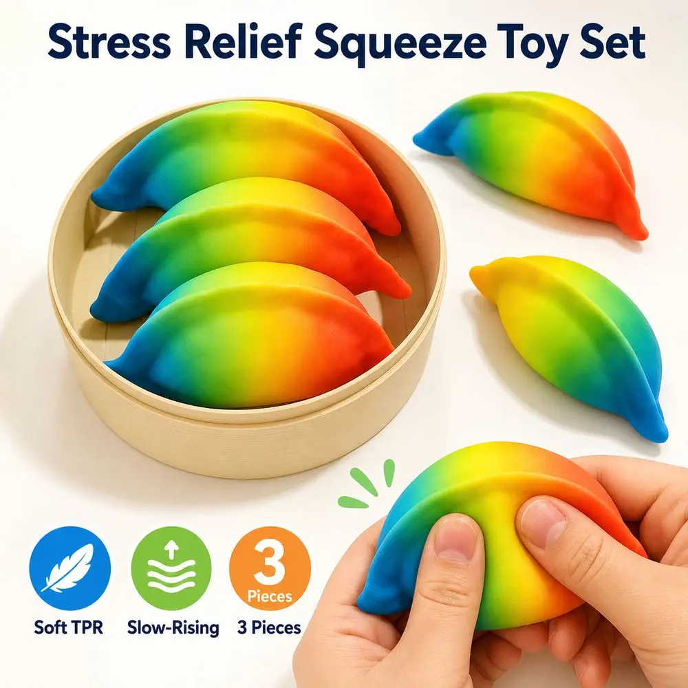 3pcs/Set Dumpling Fidget Soft Glitter Squeeze Funny With Steamer Stress Relief Sensory Ball ​​Office & School Stress Relief​​