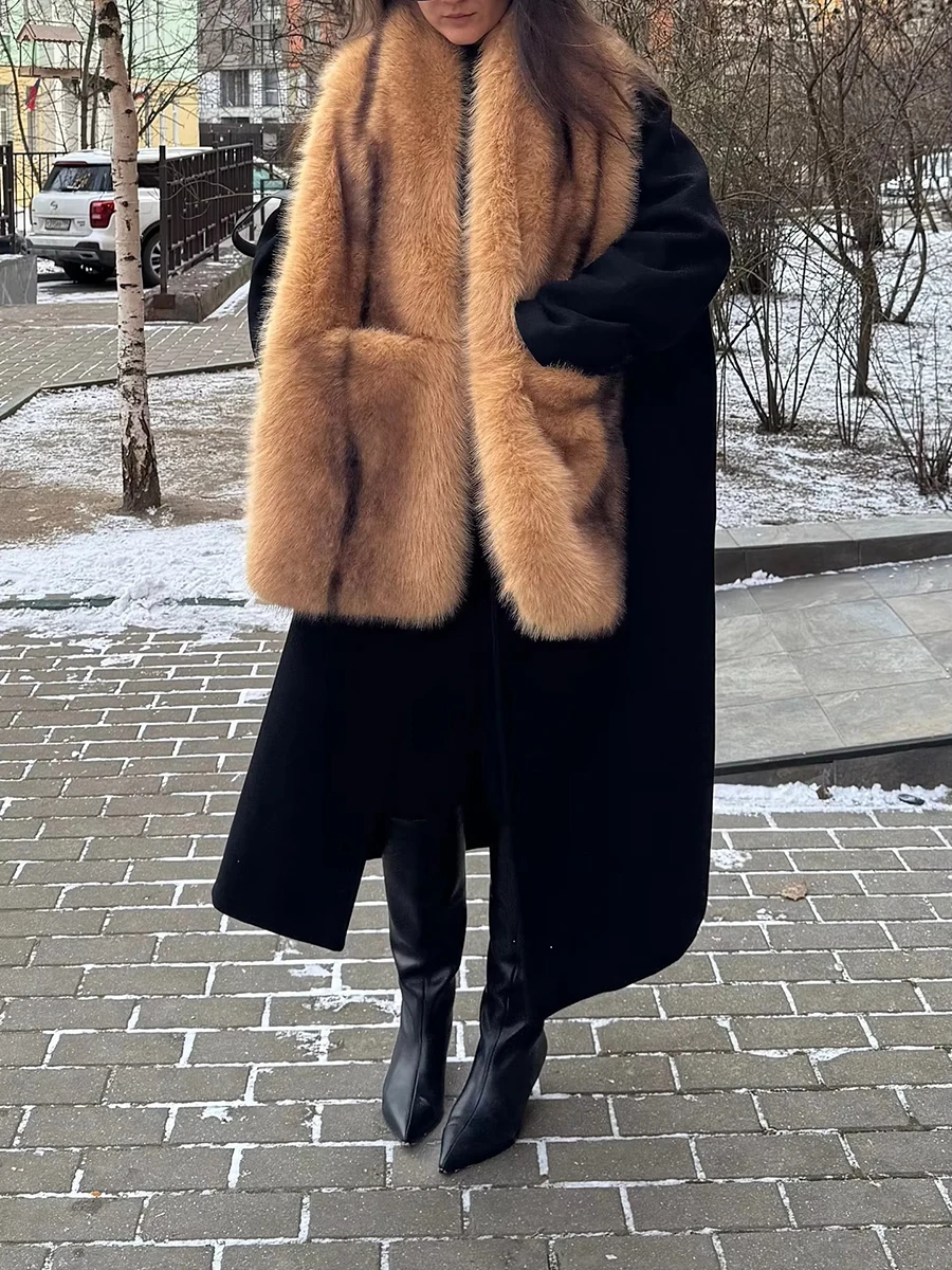 LIMO Thick Fluffy Faux Fox Fur Scarf Large Plush Fur Wrap Winter Warm Shawl with Pockets