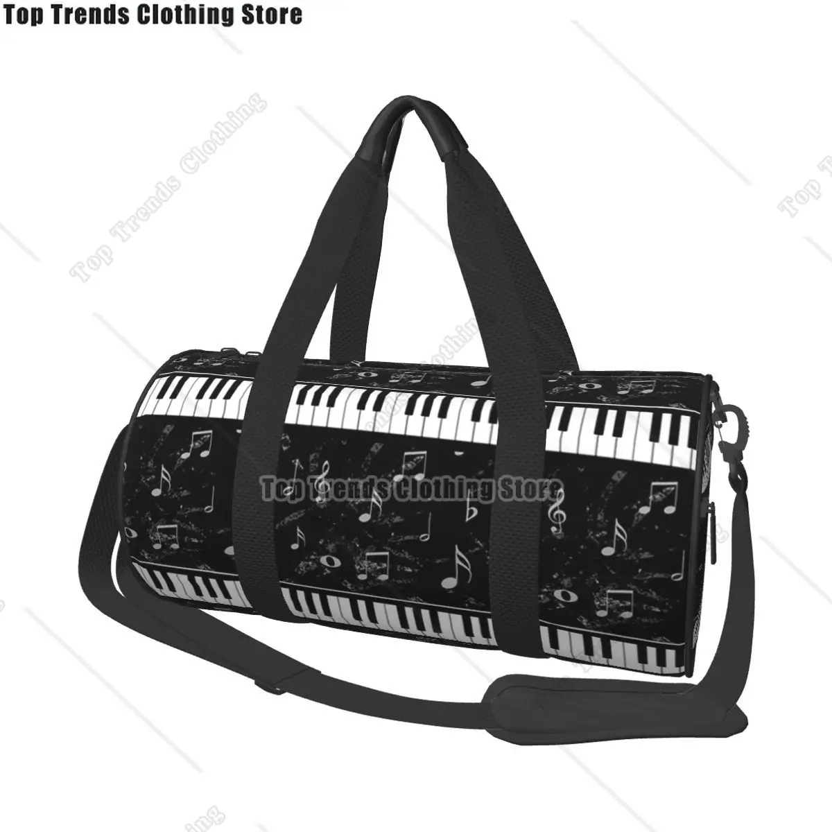 

Black And White Piano Music Pattern Travel Bags Men Fitness Handbag Cylinder Shoulder Bag Women Large Travel Tote Luggage Bag