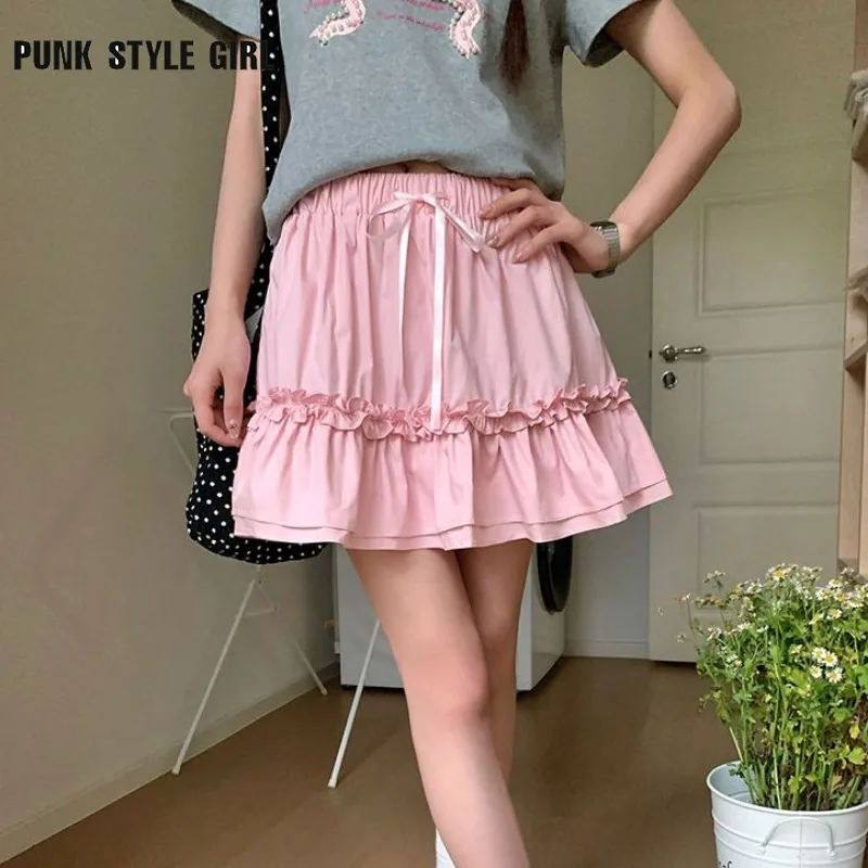 Soft Girl Japanese Style Pink A Line Women's Mini Skirt Fairycore Kawaii Lace Patchwork Bow Pleated Cutecore Sweet Short Skirts