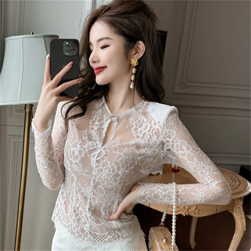 

sexy hollowed-out blouse round collar lace shirt woman