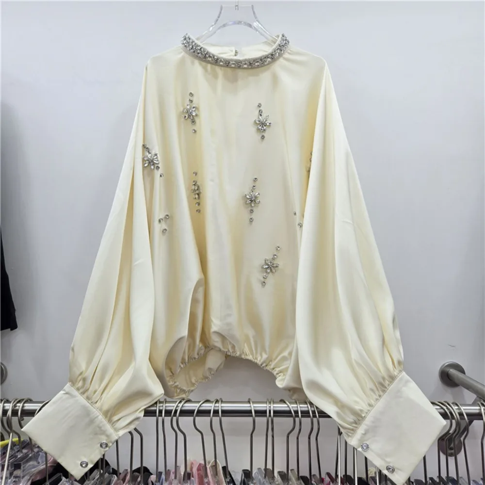

Women's Fashion Heavy Rhinestone Round Neck Batwing Sleeve Satin Shirt - Trendy Loose Top