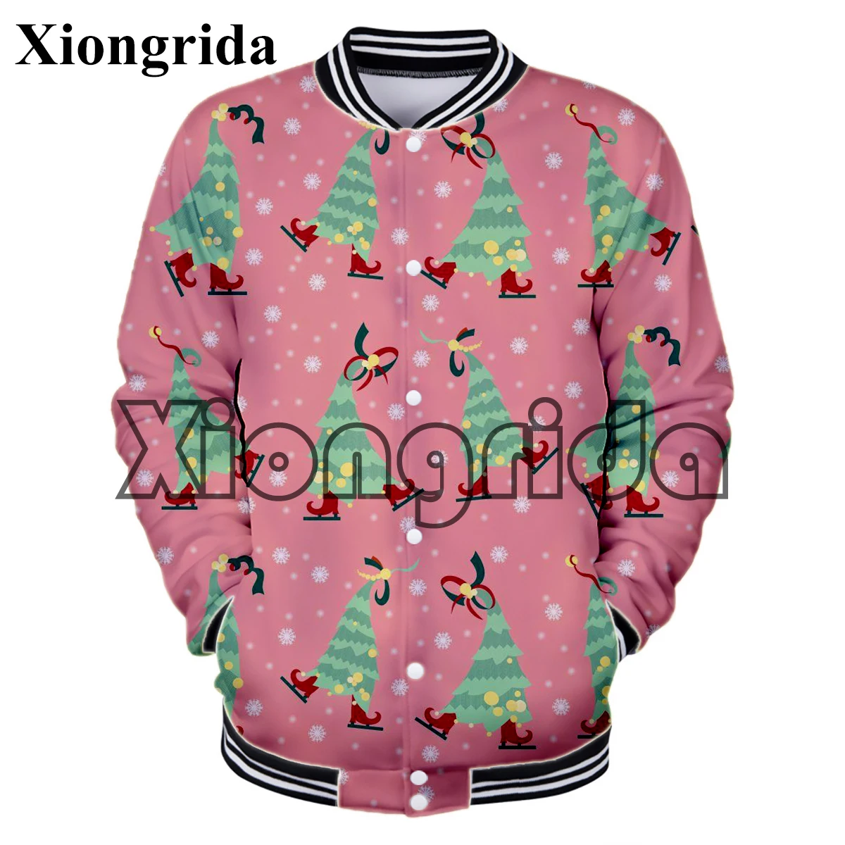 

Christmas Pattern 3D Printed Baseball Jacket Coats Men Women Holiday Xmas Trees Santa Claus Gingerbread Pattern Baseball Uniform