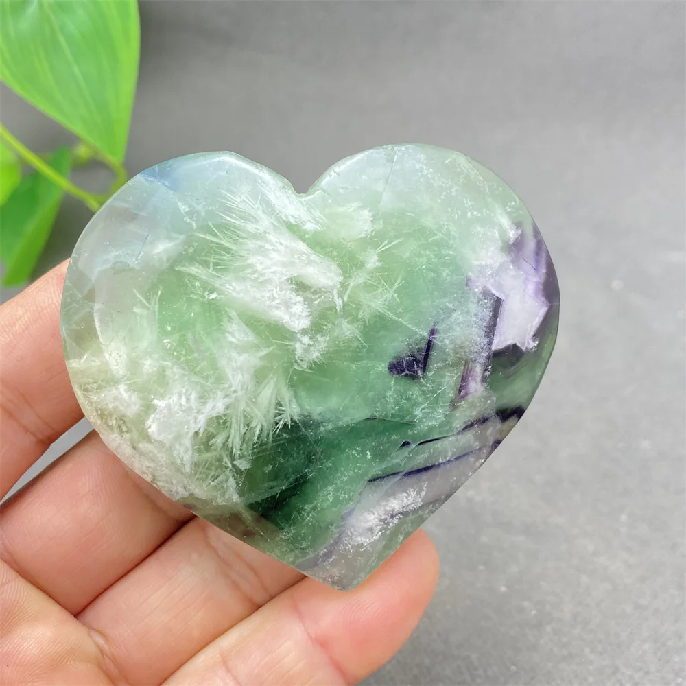 Natural Gem Feather Fluorite Crystal Heart Shape Hand Polished Love Holiday Gift Home Decoration Ornaments