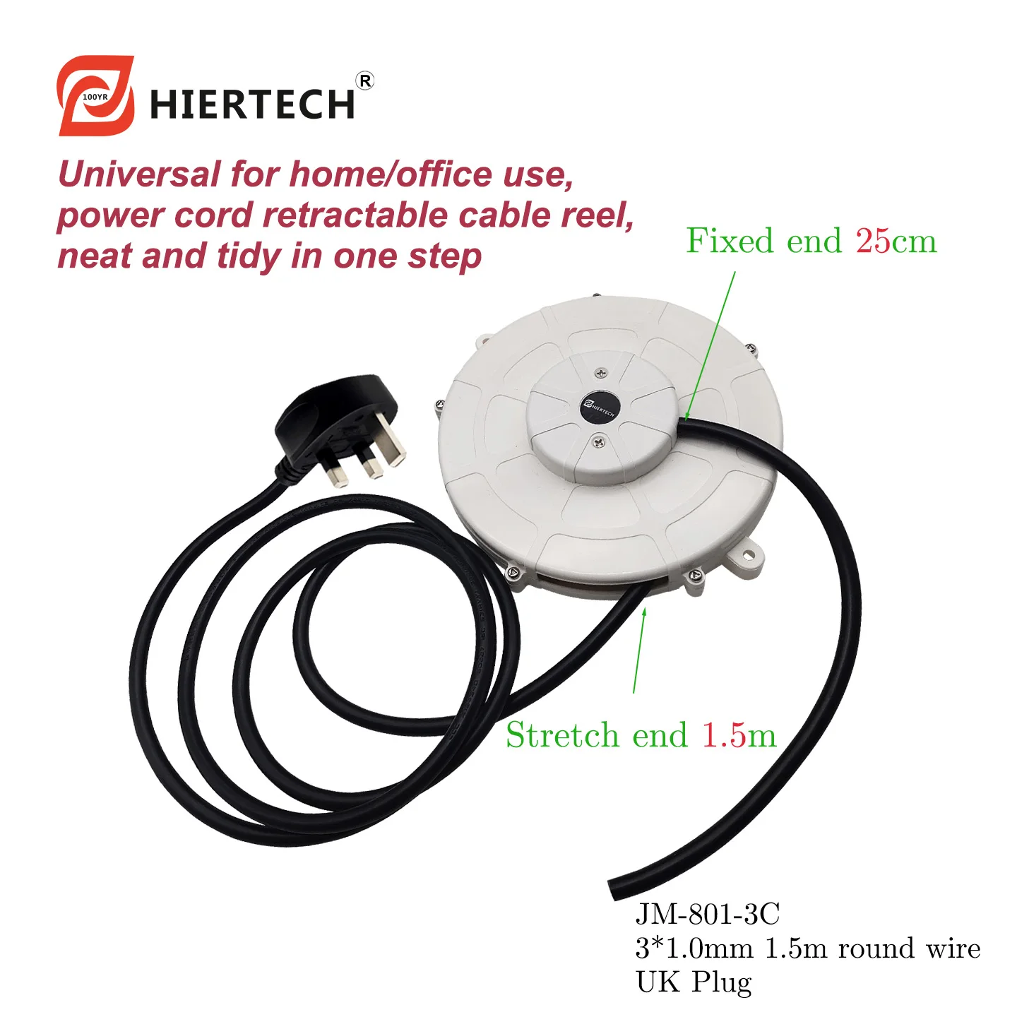 White pure copper 3-core 1.5-meter British standard hair dryer rice cooker power cord reel