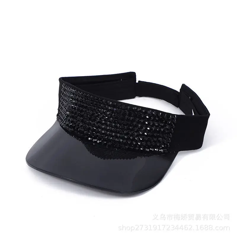 Summer open-top, extended brim outdoor sun protection hat with rhinestones