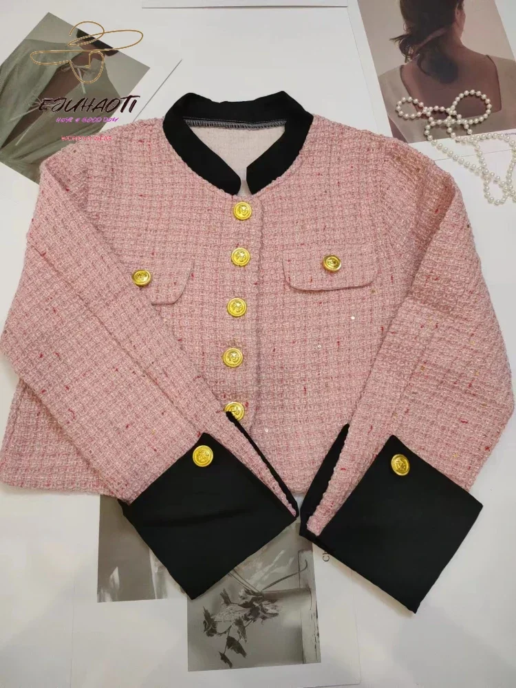 Jackets For Women Short Contrast Color Joint Tweed Stand Collar Small Fragrance Outwear Tops Femme Clothing Korean Fashion Coat