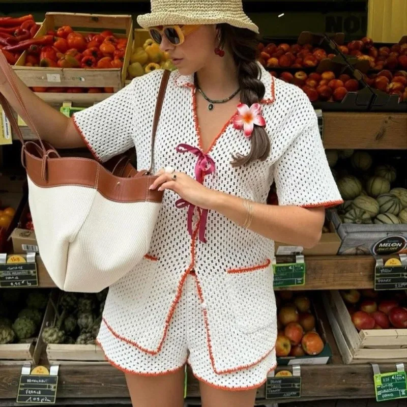 

2025 Summer Knit Patchwork Contrast Colors Vacation Beach 2 Piece Set Women Single Breasted Short Sleeve Cardigan Casual Shorts