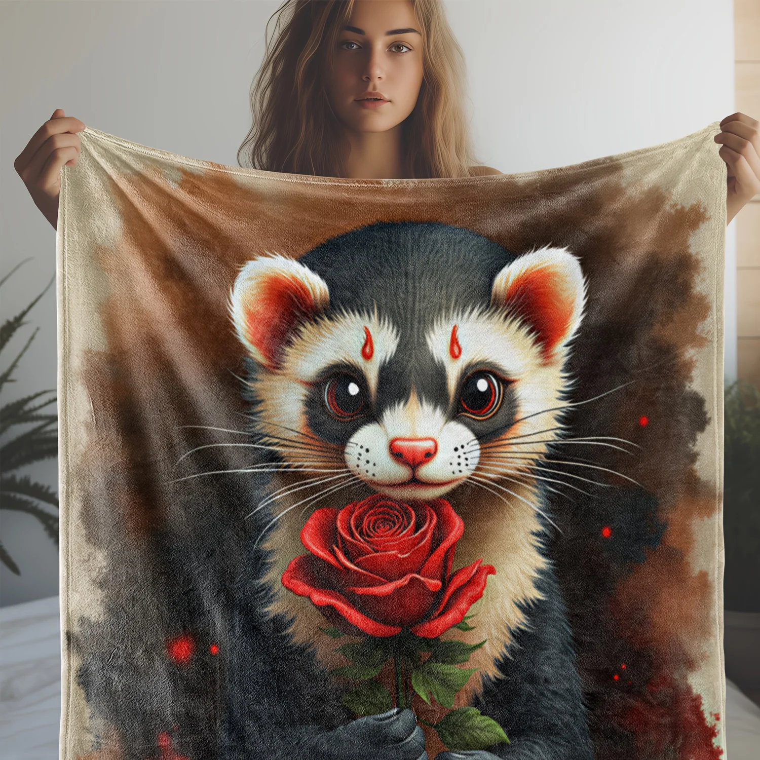 1pc Flannel Blanket with Cute Ferret Holding Rose Print, Warm and Soft Polyester Fabric, Suitable for Sofa, Bed, Car, Offic