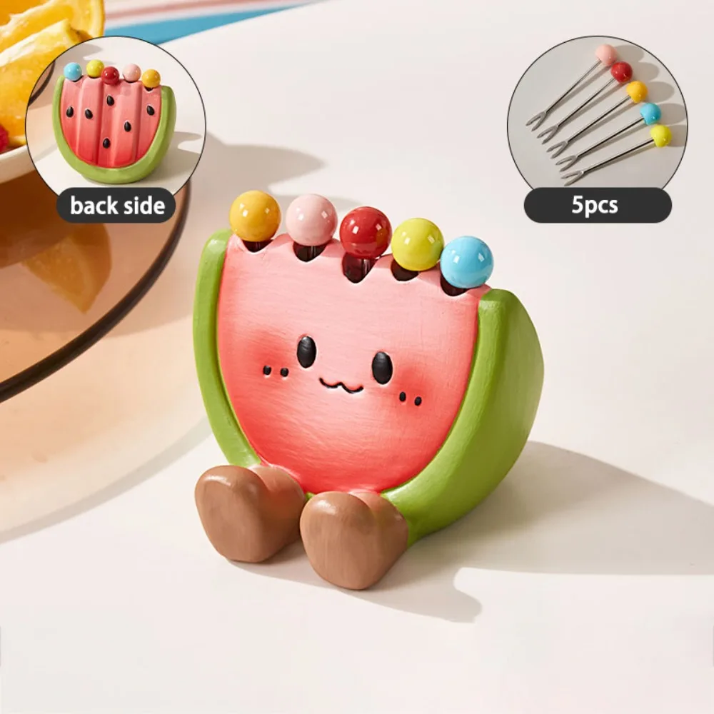 

Multi-functional Ceramic Fruit Forks Receipt Jar Cartoon Creative Watermelon Fruit Fork with Storage Can Phone Holder