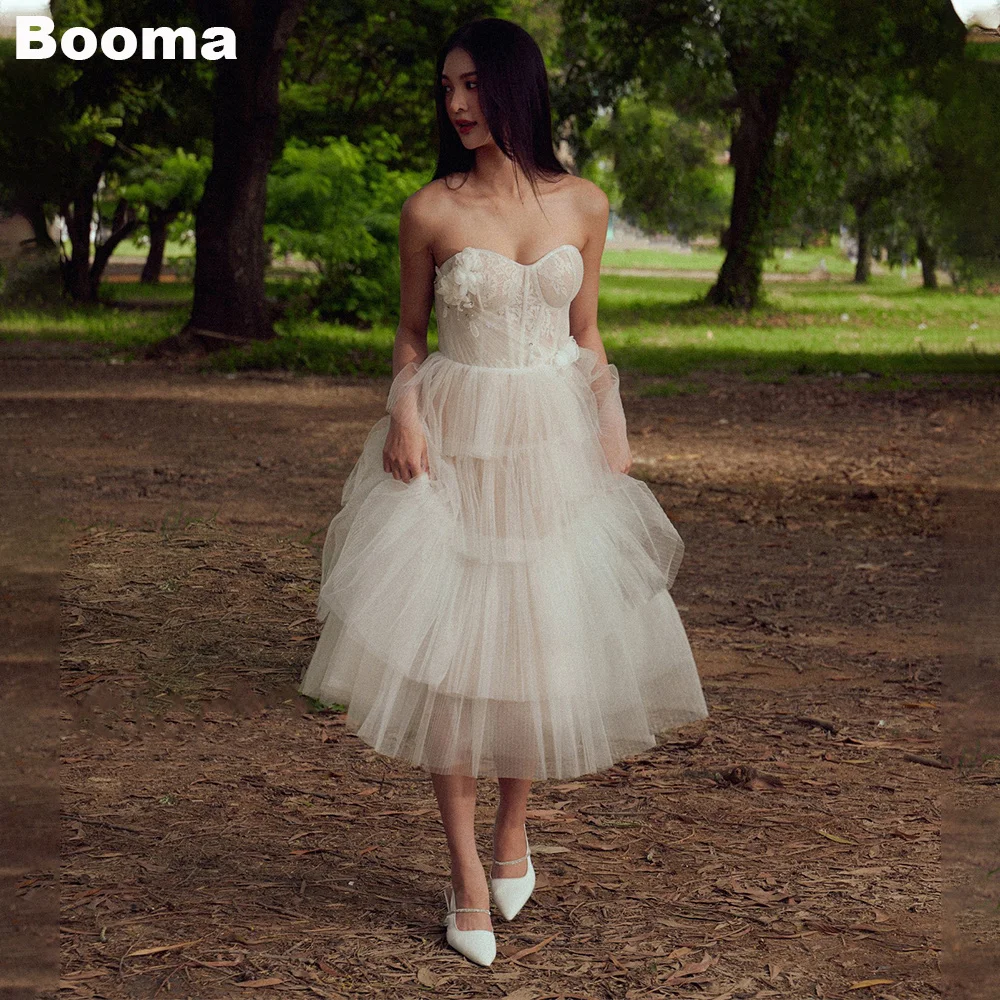 

Booma A-Line Midi Wedding Party Dresses Sweetheart Flowers Tiered Tulle Bride Prom Gowns Sleeveless Bride Evening Dress Women