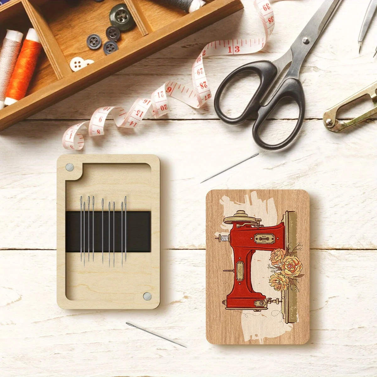 "Wooden Magnetic Buckle Sewing Needle Box – Decorative Desk Storage for Needles & Thread, Durable Finish, Compact Organizer" view 2